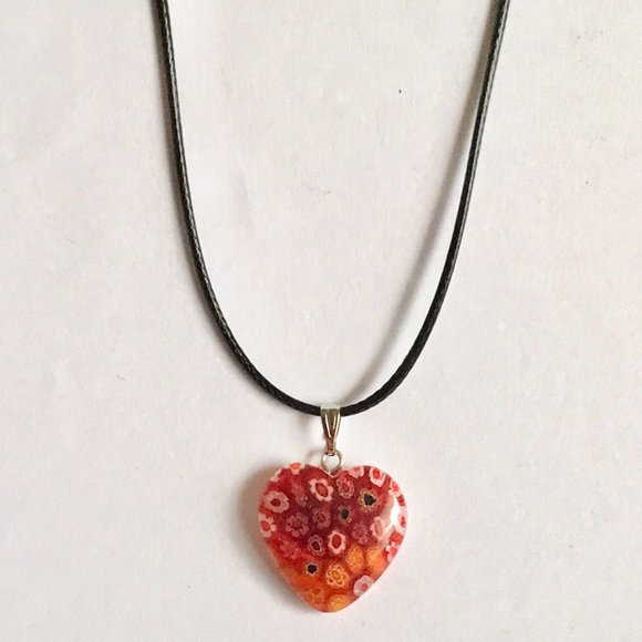 Orange Murano Glass Heart Necklace Millefiori Flowers Vintage Black Cord 18" - Picture 3 of 12